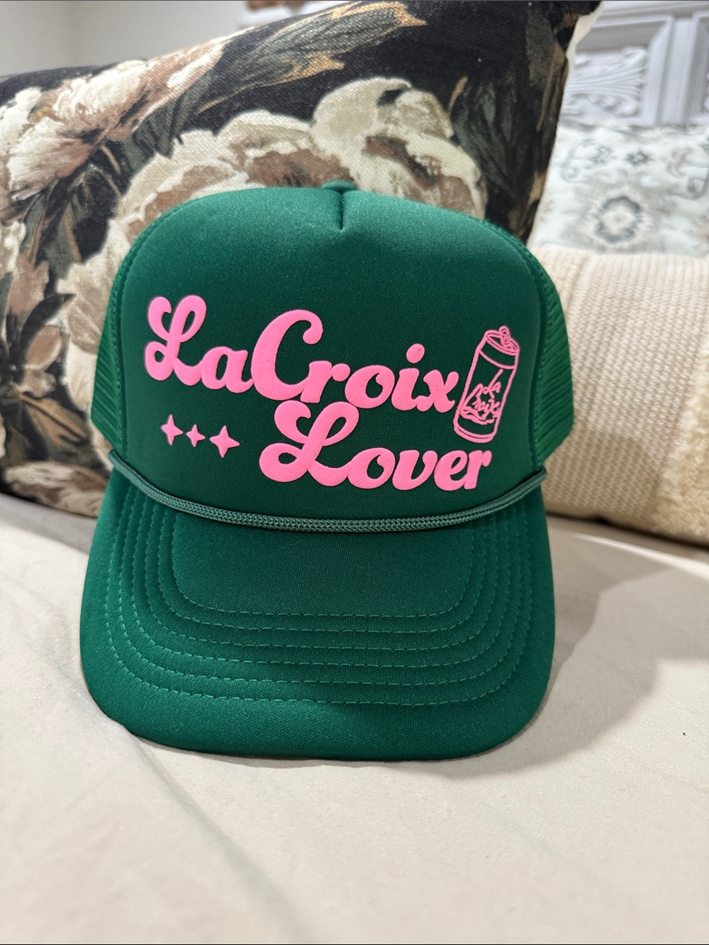 Green Trucker Hat with Pink Logo